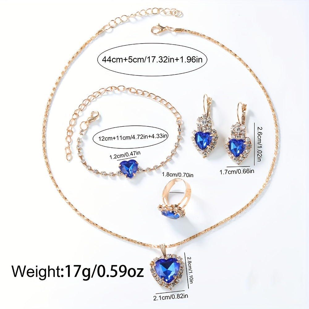 Fashionable Ladies' Quartz Wrist Watch Set with Heart-Shaped Jewelry - 6-Piece Alloy Round Case Timepieces, Earrings, Necklace, Ring Set with Electronic Movement and Non-Rechargeable Button Battery